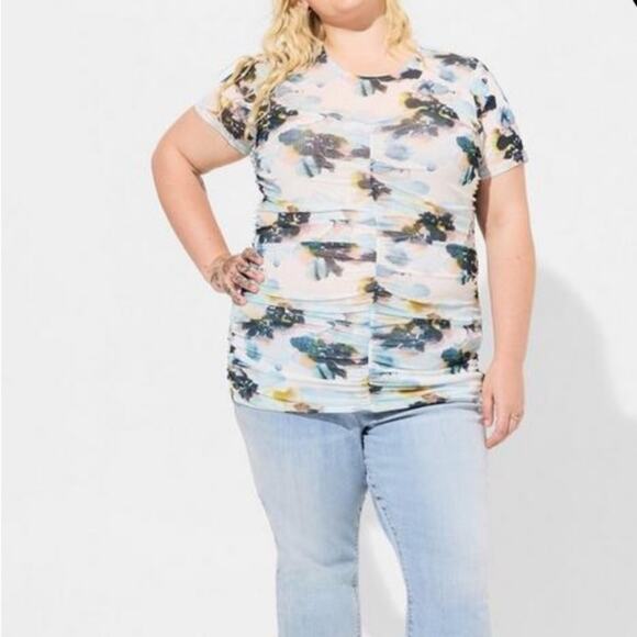 Torrid multi floral Stretch Mesh Crew Neck Ruched Top - Picture 2 of 10